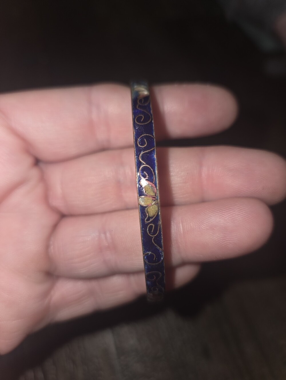 Vintage Cloisonne Enamel Floral Bangle Bracelet Cobalt Blue Gold Tone 8 Inch